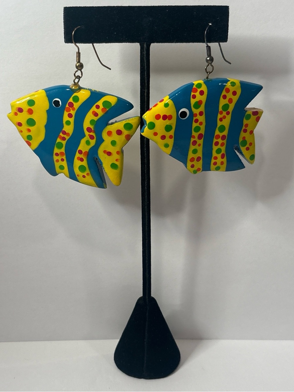 VTG 90's Hand Painted Wooden Tropical Fish Dangle Earrings Summer Beach Blue